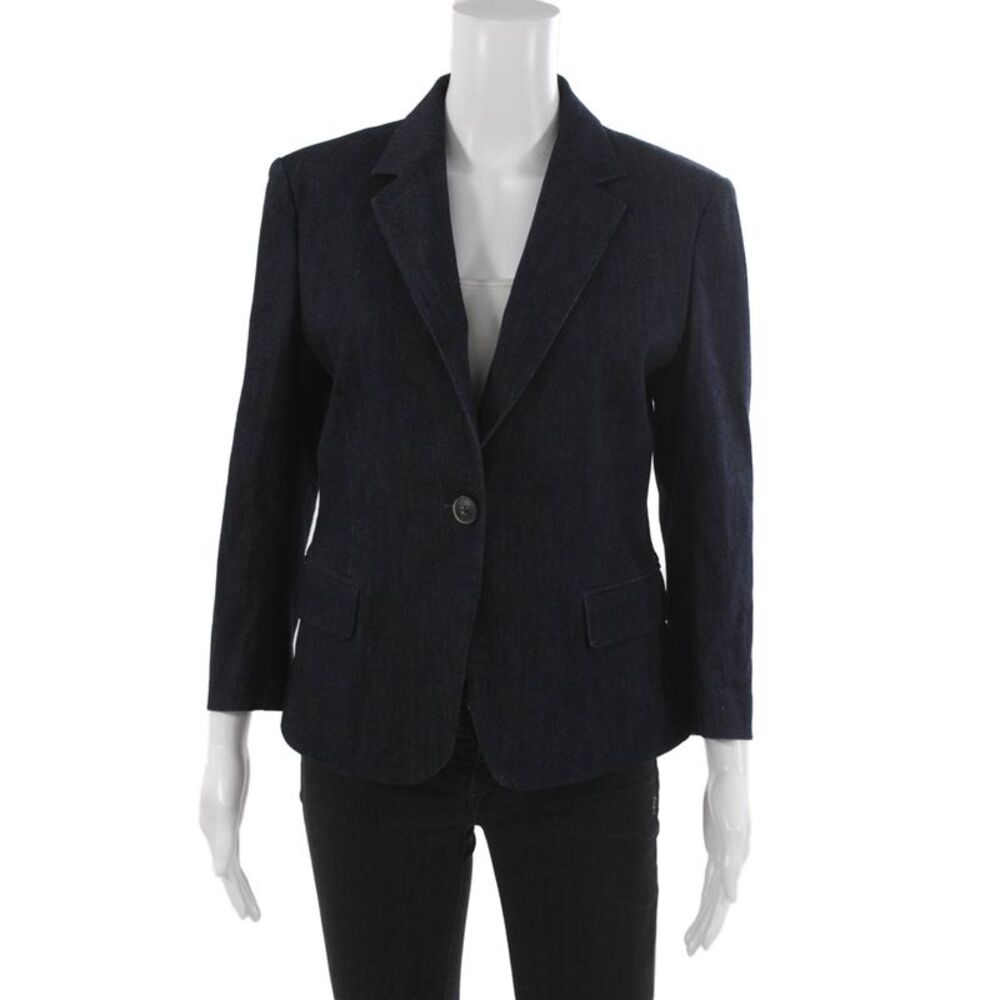 Sharis Womens Blue Cotton Denim Blazer Button Long Sleeve Size 44